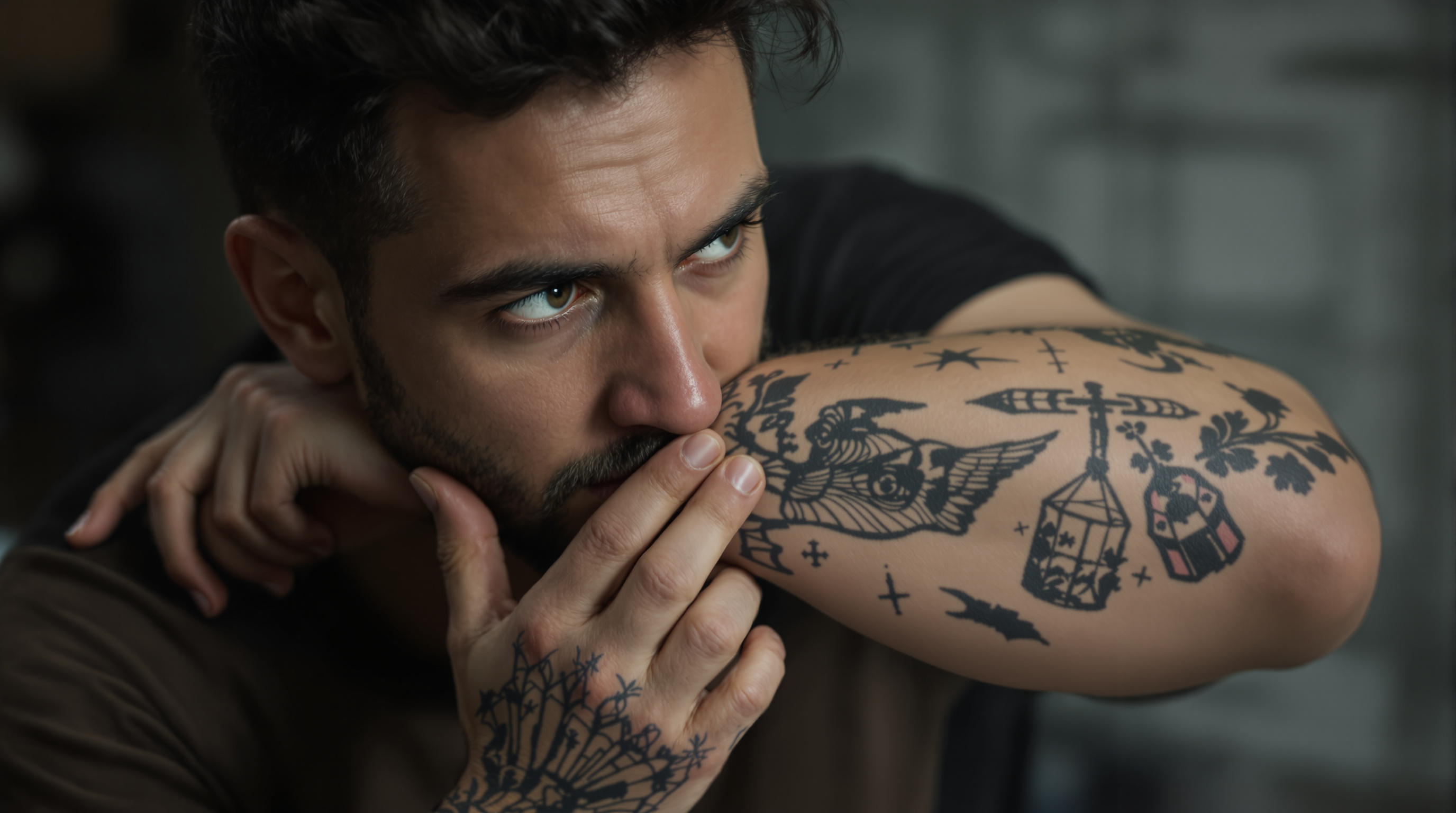 Personne contemplant un ancien tatouage, réflexion sur les options de détatouage