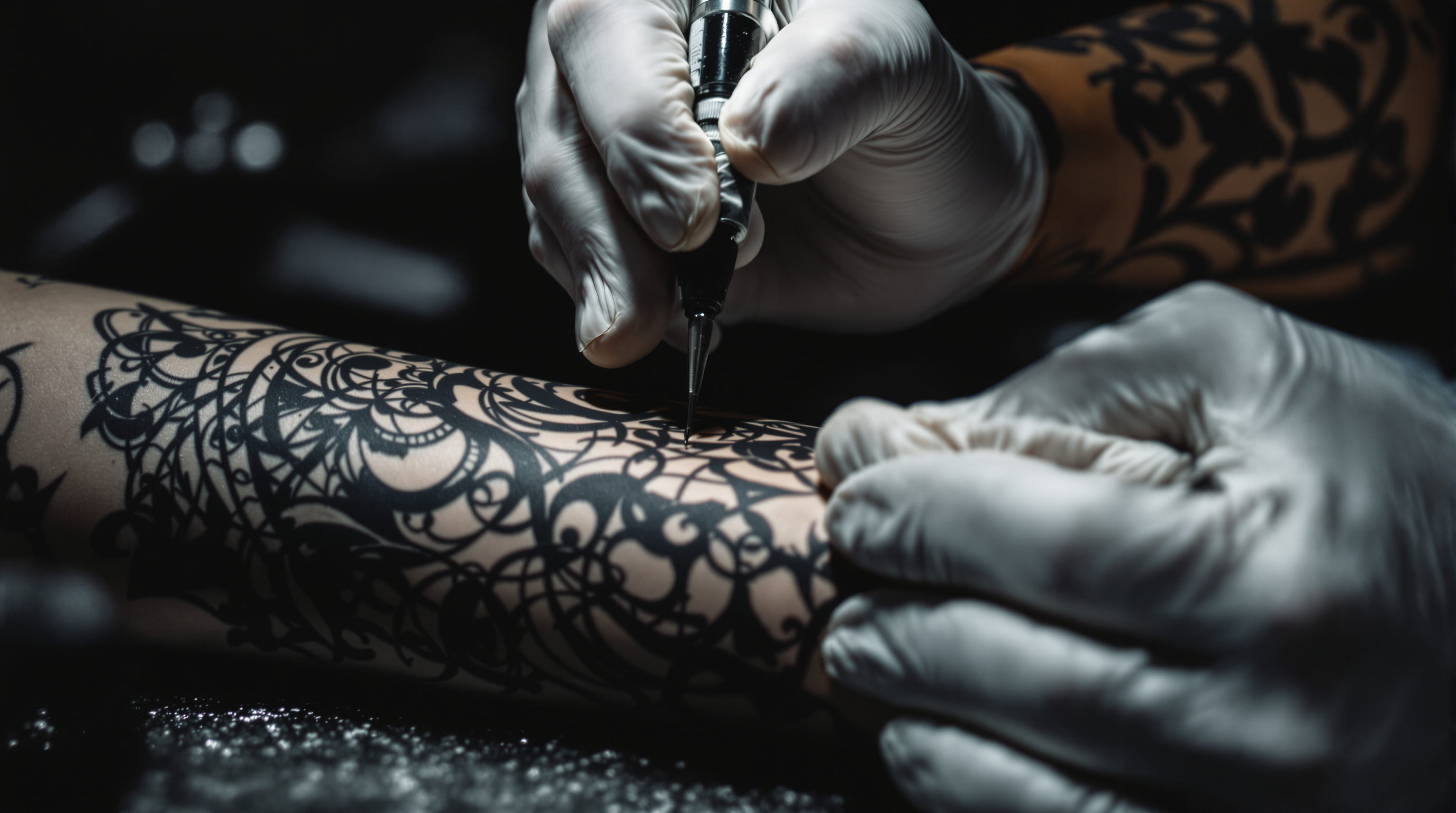 Tatoueur réalisant un tatouage black and grey détaillé