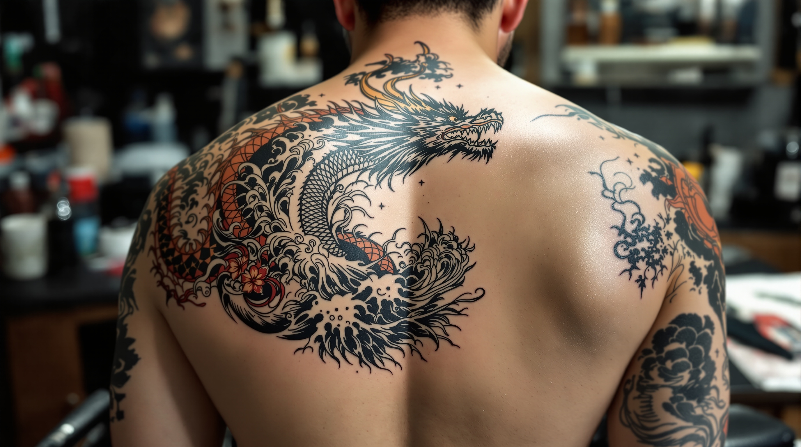 Tatouage japonais traditionnel irezumi en cours de réalisation